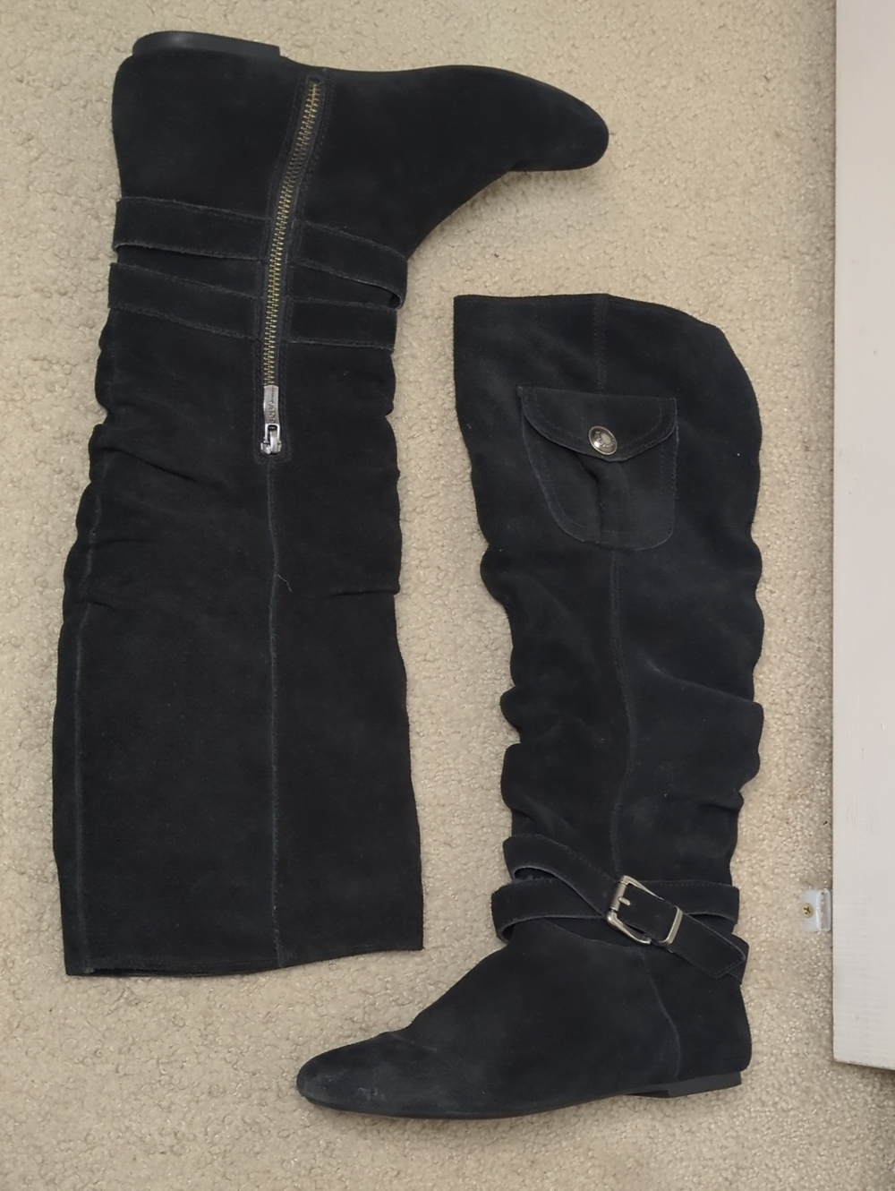 Women's Black Suede Knee-High Boots - Elegant Zip & Buckle Design